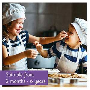 Suitable from 2 months to 6 months banner with little girl and boy baking and laughing